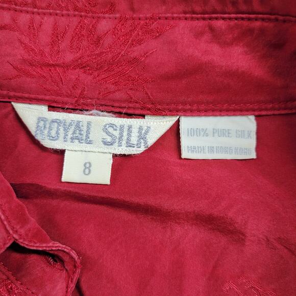 Vintage Royal Silk Womens Shirt 8 Red Button Down Embroidered Floral - Picture 2 of 12